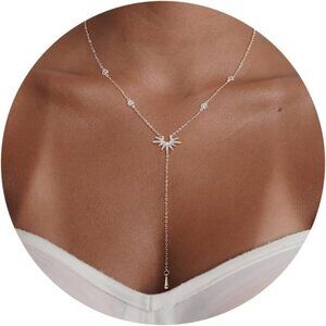 Long Women's Necklace Brass Silver-Y Dainty Drop Dangle CZ Jewelry